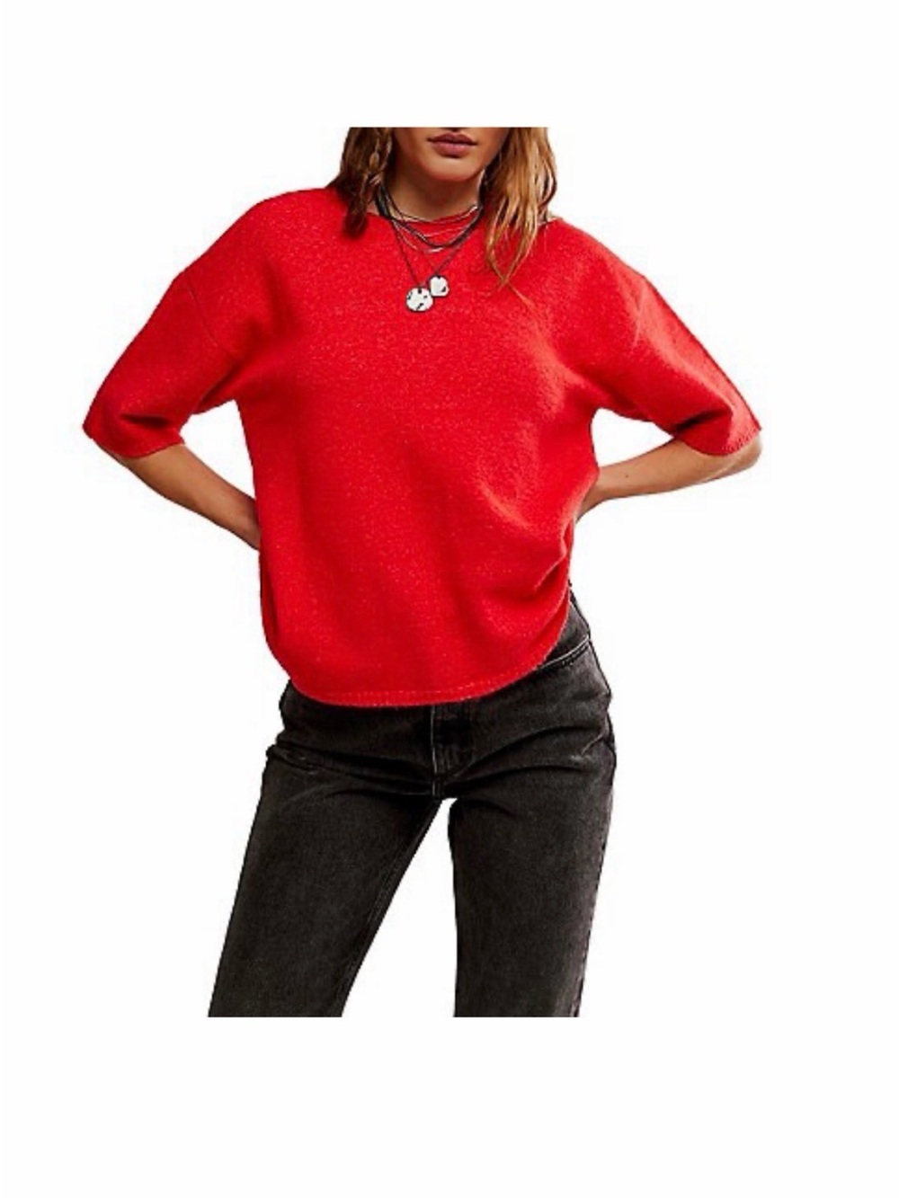 Free People Margot Short Sleeve Sweater Tee Cherry Pop XS NWT